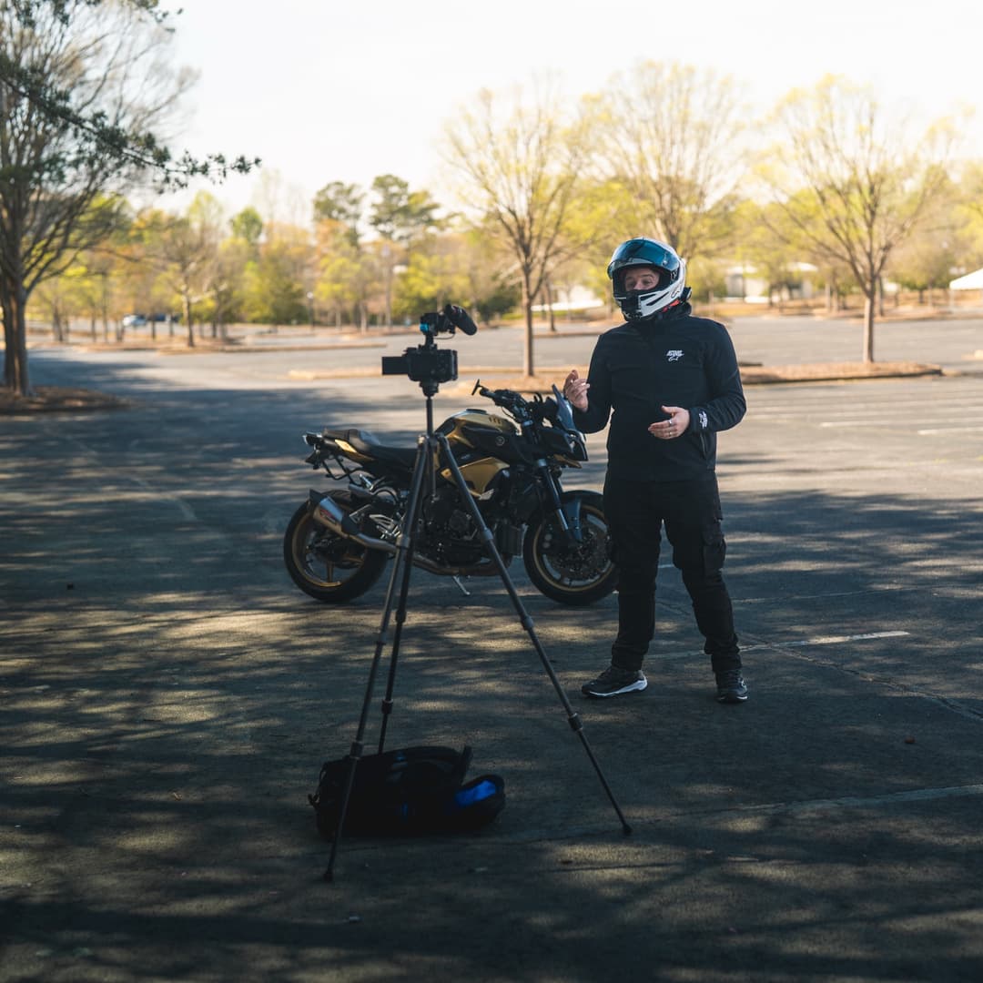 Chase filming with his motorcycle